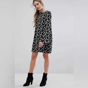 Ganni Seymour Georgette Holly Print Black Shift Mini Long Sleeve Dress